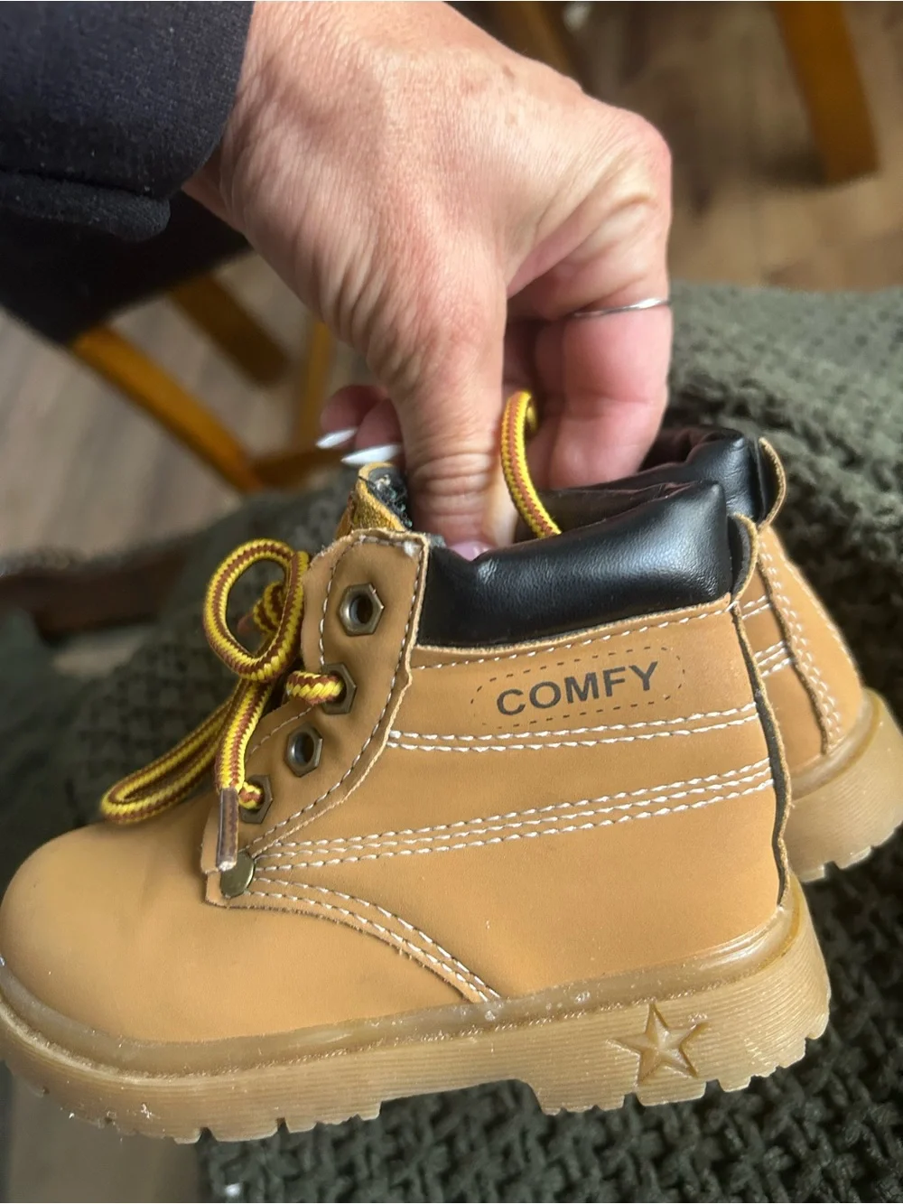 ComfyKids Tan Leather-Look Kids Boots with Yellow Laces